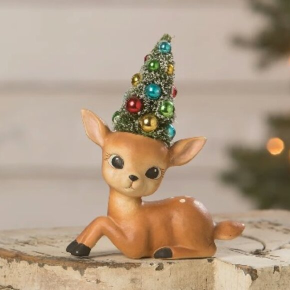 Bethany Lowe Christmas Merry & Bright Resting Reindeer w/ Bottlebrush Tree NEW - Picture 1 of 4